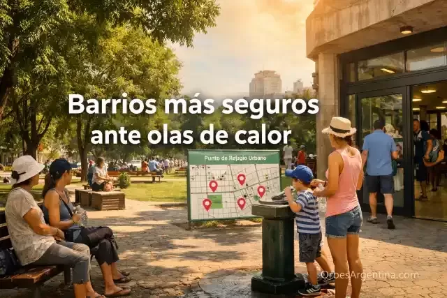 Barrio seguro ante olas de calor con árboles y refugios urbanos