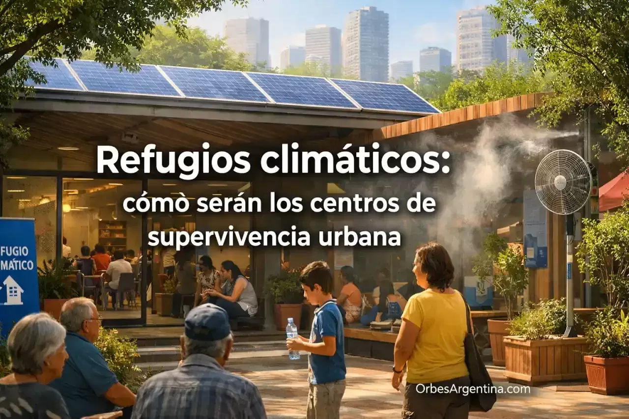 Refugio climático urbano con sombra y vegetación en ola de calor