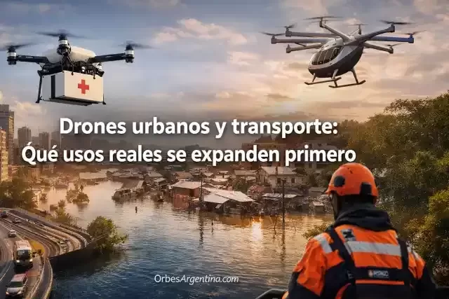 Drones urbanos transportando insumos médicos en ciudad argentina