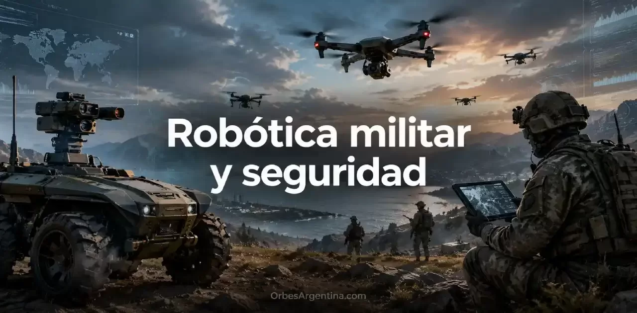 Robot militar autónomo patrullando zona urbana