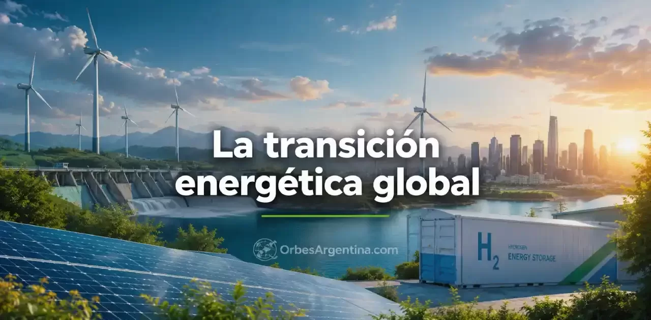 Parque eólico y paneles solares en la transición energética global.