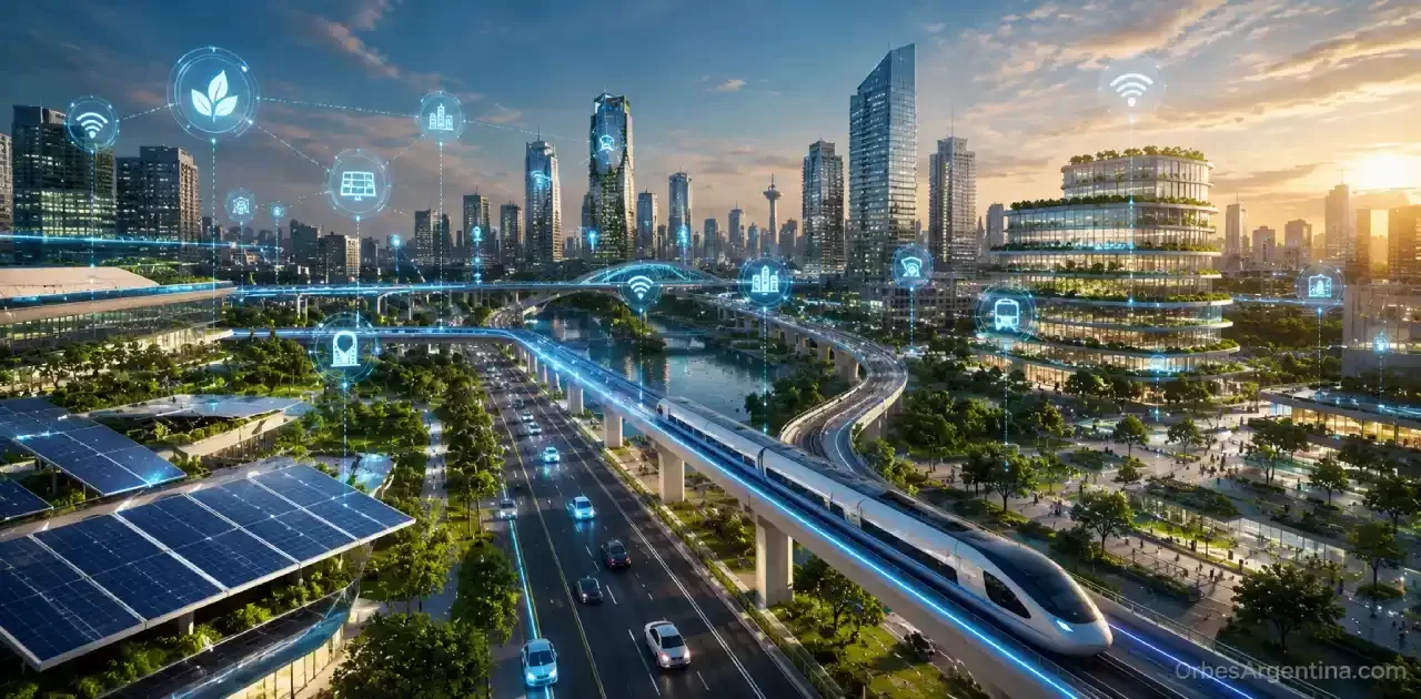 Ciudad del futuro con redes inteligentes y energía limpia.