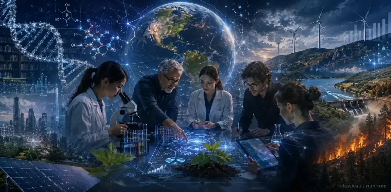 Equipo científico multidisciplinario analizando datos ambientales.