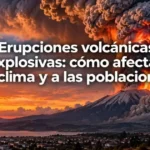 Erupción volcánica explosiva con columna de ceniza